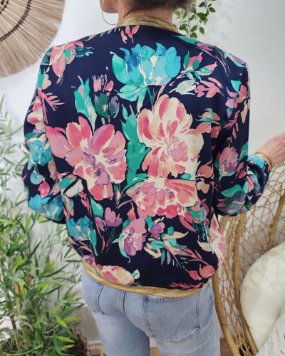 Bombers femme bleu marine fleurs roses et vertes Blandine