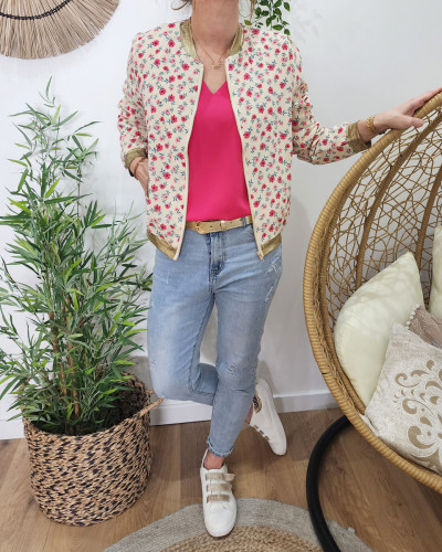 Bombers femme beige fleurs fuchsia Doriane