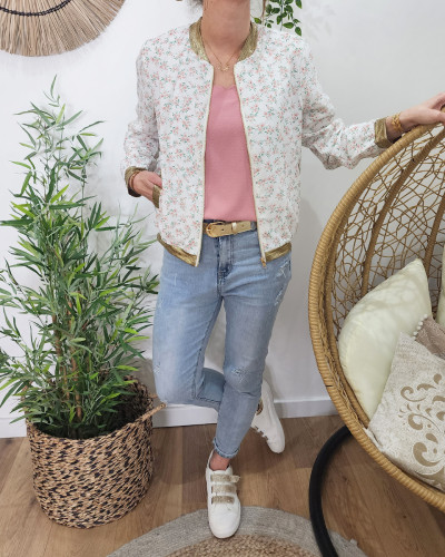 Bombers femme blanc fleurs roses et vertes Ernestine