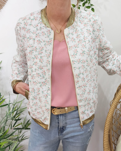 Bombers femme blanc fleurs roses et vertes Ernestine