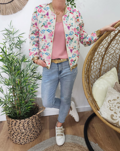 Bombers femme écru fleurs fuchsia bleues et vertes Florine