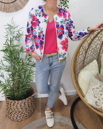 Bombers femme blanc grosses fleurs Vicky