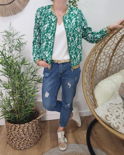 Bombers femme vert fleurs blanches Anaelle