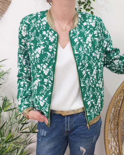 Bombers femme vert fleurs blanches Anaelle