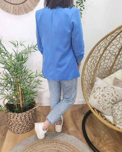 Blazer femme manches plissées bleu