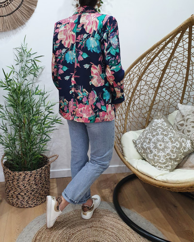 Blazer femme bleu marine fleurs roses et vertes Blandine