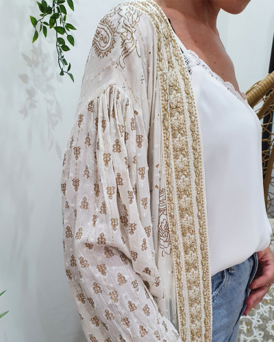 Kimono femme écru broderies dorées