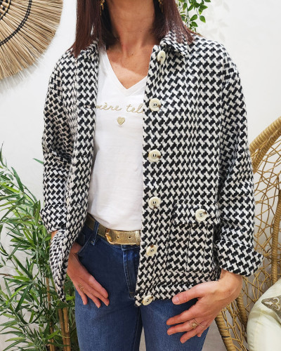 Veste femme droite a poches et boutons pied de poule 24229