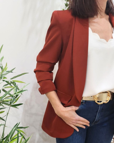 Blazer femme manches plissées terracota