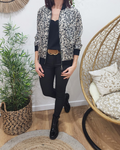 Bombers femme blanc feuillage noir liseré doré Béata
