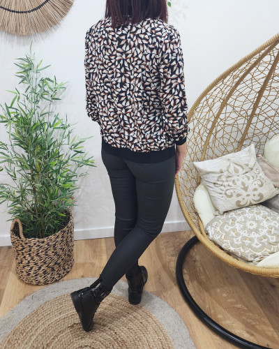 Bombers femme noir liseré doré feuillage beige et marron Lia
