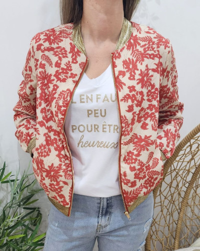 Bombers femme beige fleurs et feuillages rouge carmin