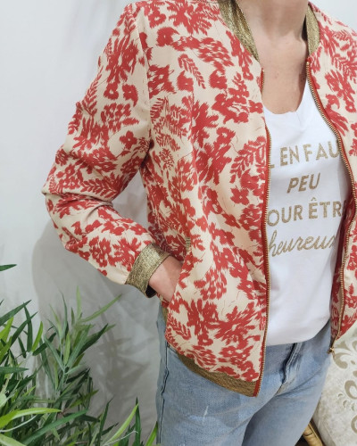 Bombers femme beige fleurs et feuillages rouge carmin