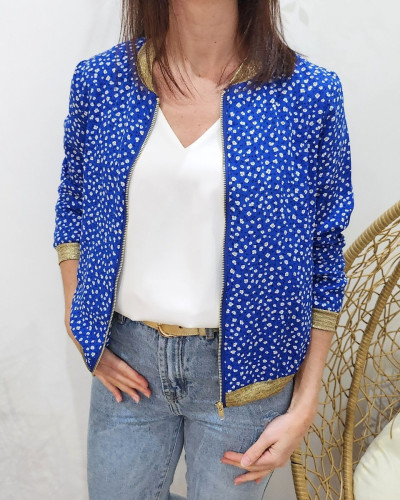 Bombers femme bleu électrique fleurs blanches Wanda