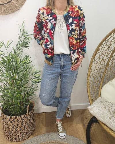 Bombers femme marine fleurs rouges et jaunes Lolanda