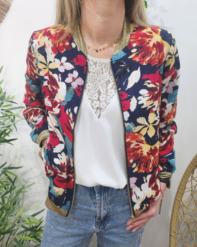 Bombers femme marine fleurs rouges et jaunes Lolanda