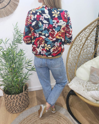 Bombers femme marine fleurs rouges et jaunes Lolanda