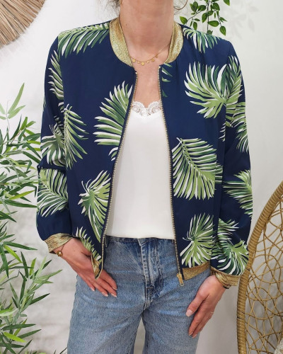 Bombers femme marine feuillages verts et blancs
