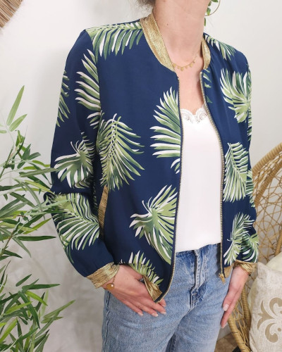 Bombers femme marine feuillages verts et blancs