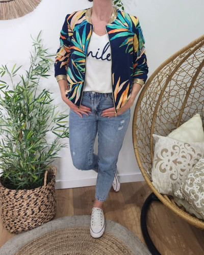 Bombers femme bleu marine feuillages multicolores