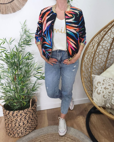Bombers femme noir feuillages multicolores