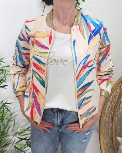 Bombers femme écru feuillages multicolores