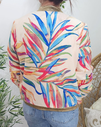 Bombers femme écru feuillages multicolores