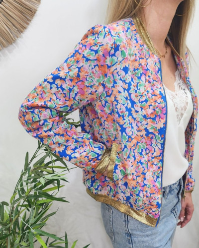Bombers femme bleu fleuri multicolore Lilie