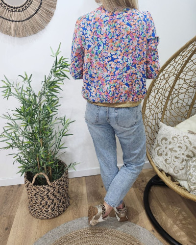 Bombers femme bleu fleuri multicolore Lilie
