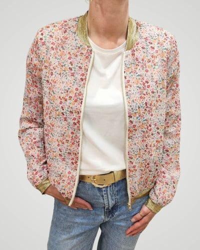 Bombers femme écru fleurs roses orangées Violaine