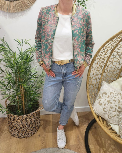 Bombers femme vert fleurs roses dorées Servade