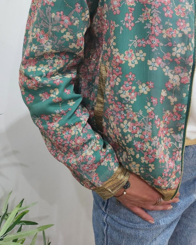 Bombers femme vert fleurs roses dorées Servade