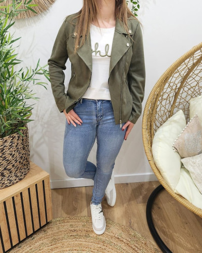 Perfecto femme fin suédine kaki foncé