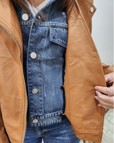 Perfecto femme camel simili col jean amovible 