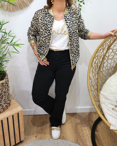 Bombers femme beige léopard noir liseré brillant