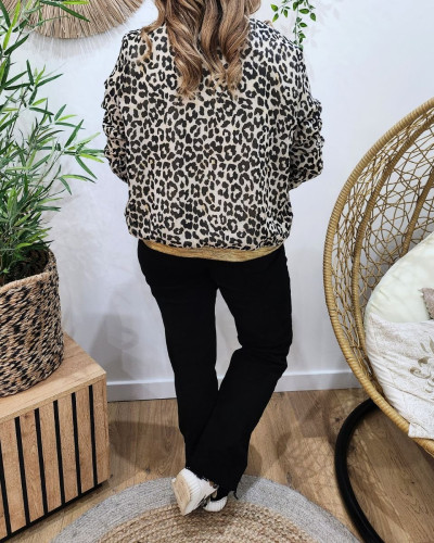 Bombers femme beige léopard noir liseré brillant
