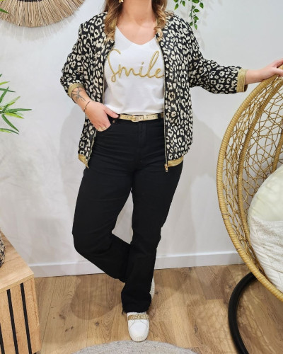 Bombers femme noir léopard beige liseré brillant