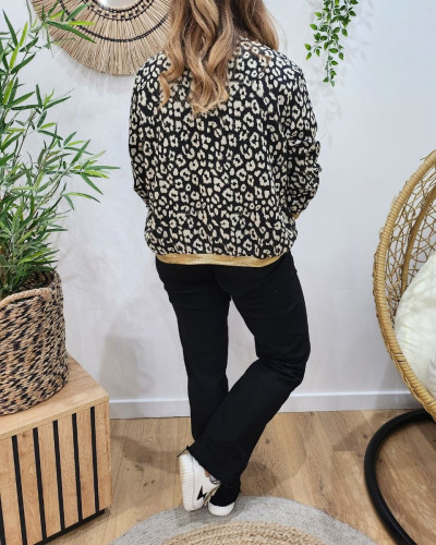 Bombers femme noir léopard beige liseré brillant