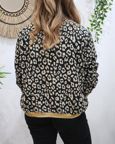 Bombers femme noir léopard beige liseré brillant