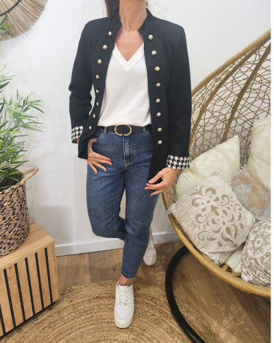 Blazer femme style officier revers pied de poule