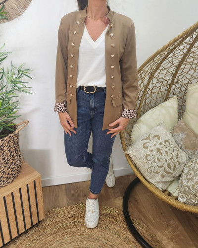 Blazer femme camel style officier revers léopard