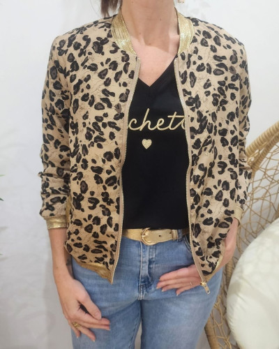 Bombers femme taupe et noir léopard paillettes dorées