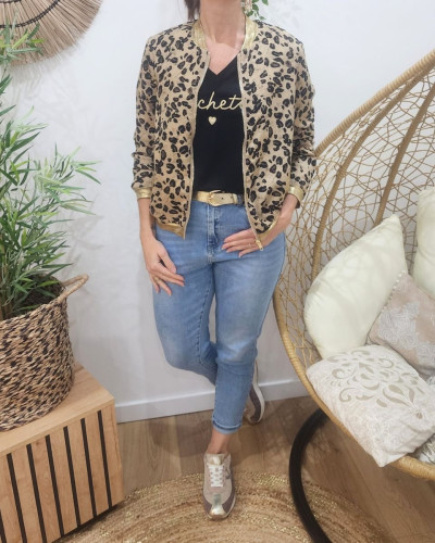 Bombers femme taupe et noir léopard paillettes dorées