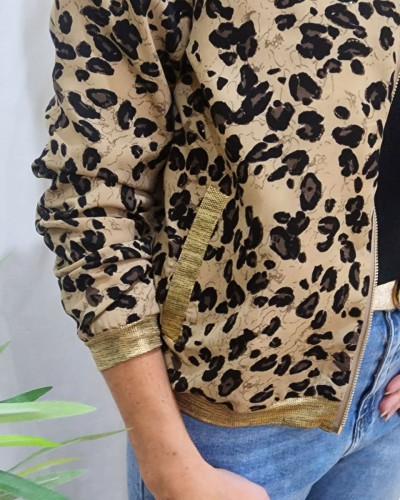 Bombers femme taupe et noir léopard paillettes dorées