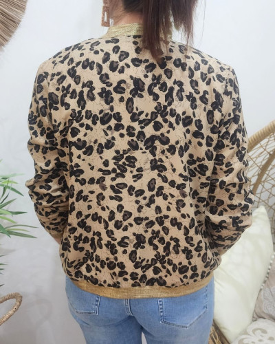 Bombers femme taupe et noir léopard paillettes dorées
