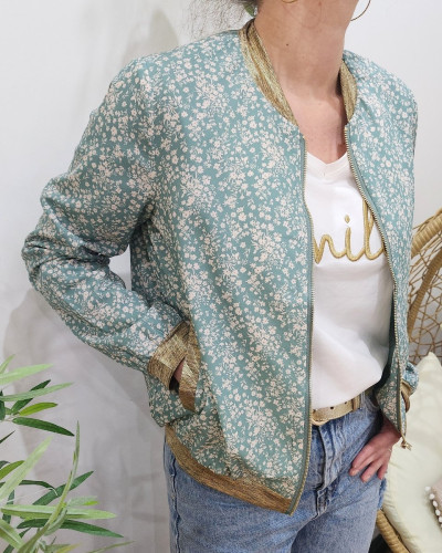 Bombers femme vert agate fleurs écrues Adélise