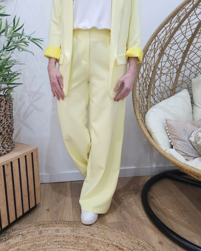 Pantalon femme fluide jaune pâle taille haute