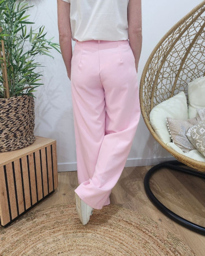 Pantalon femme fluide rose baby taille haute