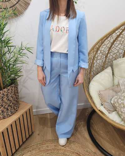 Pantalon femme fluide bleu ciel taille haute