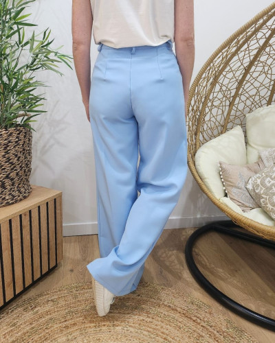 Pantalon femme fluide bleu ciel taille haute